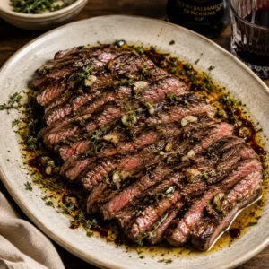 Sliced balsamic steak with garlic and thyme on a white serving plate