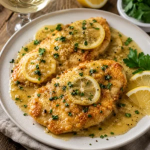 Chicken Francese with lemon slices and herbs in a golden sauce