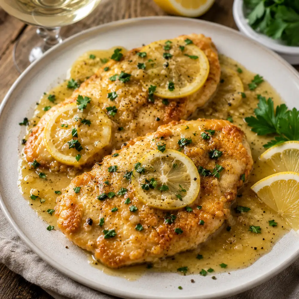 Chicken Francese with lemon slices and herbs in a golden sauce