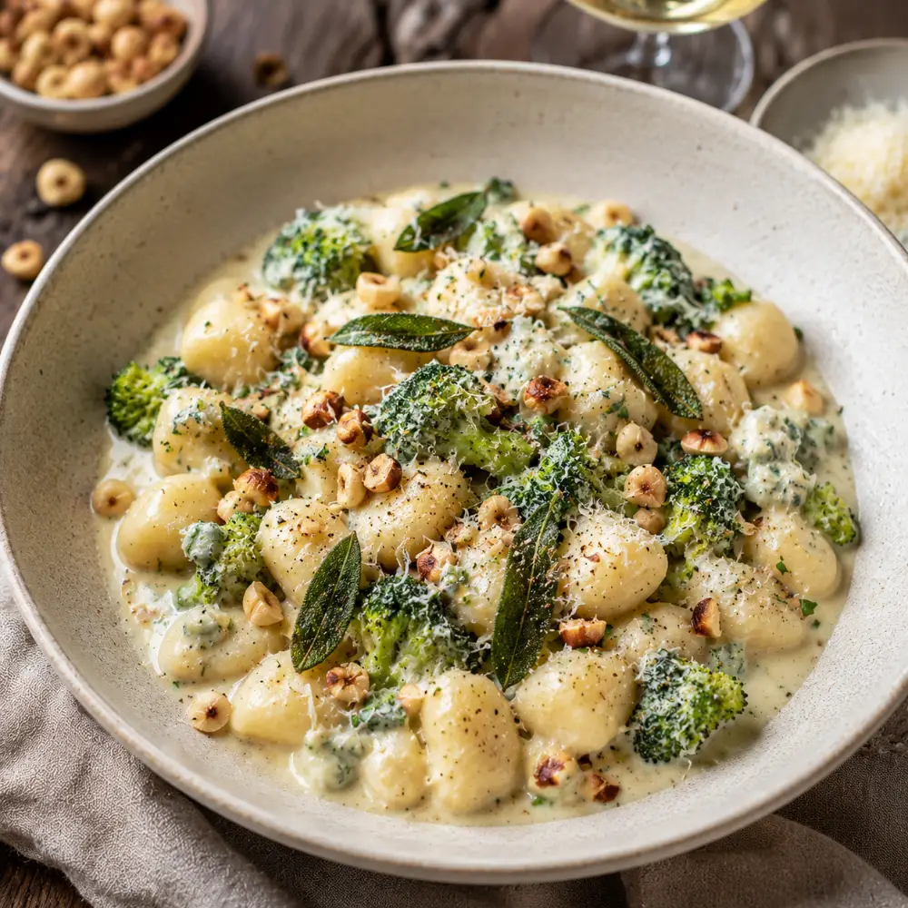 Gnocchi with broccoli and blue cheese sauce in a shallow bowl
