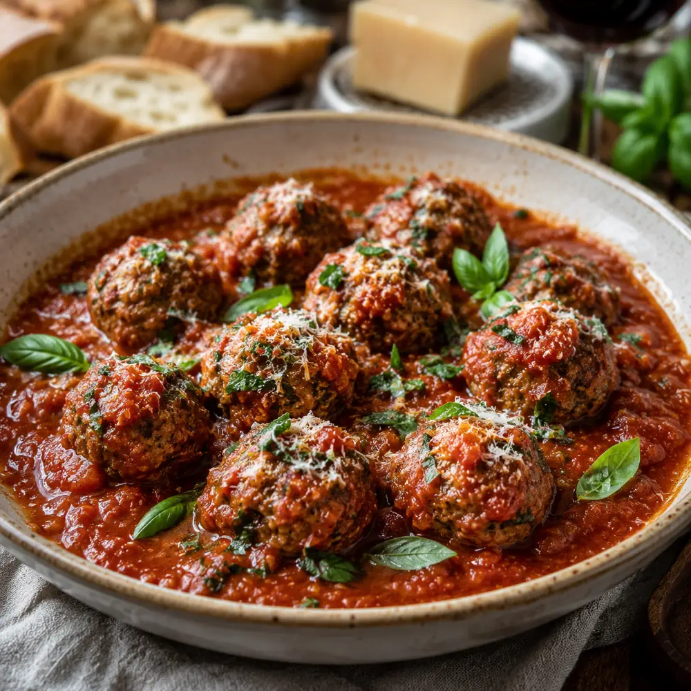 Italian meatballs in tomato sauce with basil and grated cheese