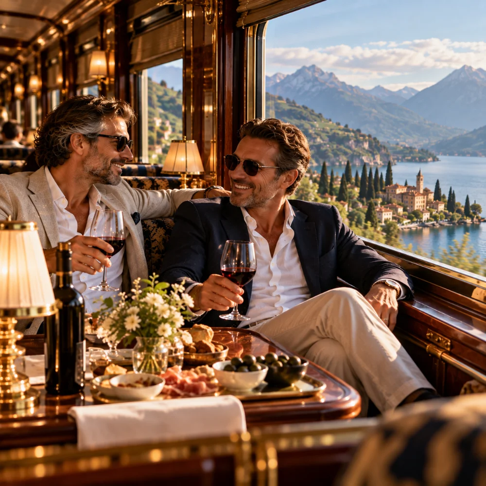 A couple enjoying drinks in a luxury train lounge with a mountain view