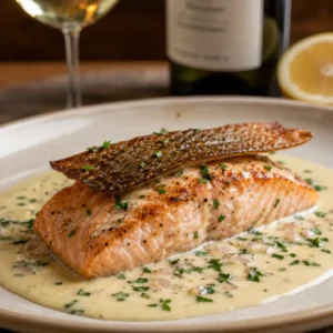 Pan-seared salmon with crisp skin in a white wine sauce