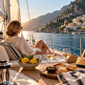 A woman relaxing aboard a sailing boat near a coastal village