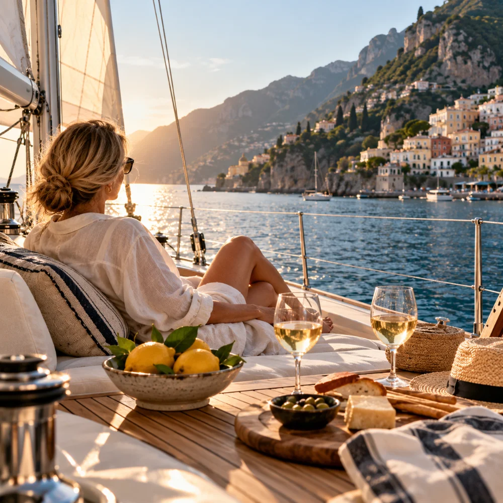 A woman relaxing aboard a sailing boat near a coastal village
