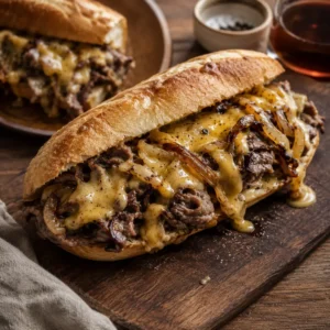 Philly cheesesteak sandwiches filled with beef, cheese and onions