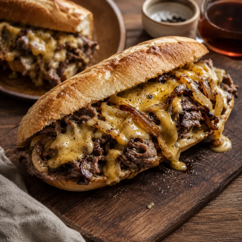 Philly cheesesteak sandwiches filled with beef, cheese and onions