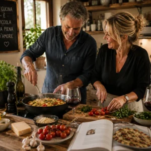 A couple preparing a meal together in a home kitchen