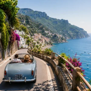 A vintage convertible on a winding road overlooking the Italian coast