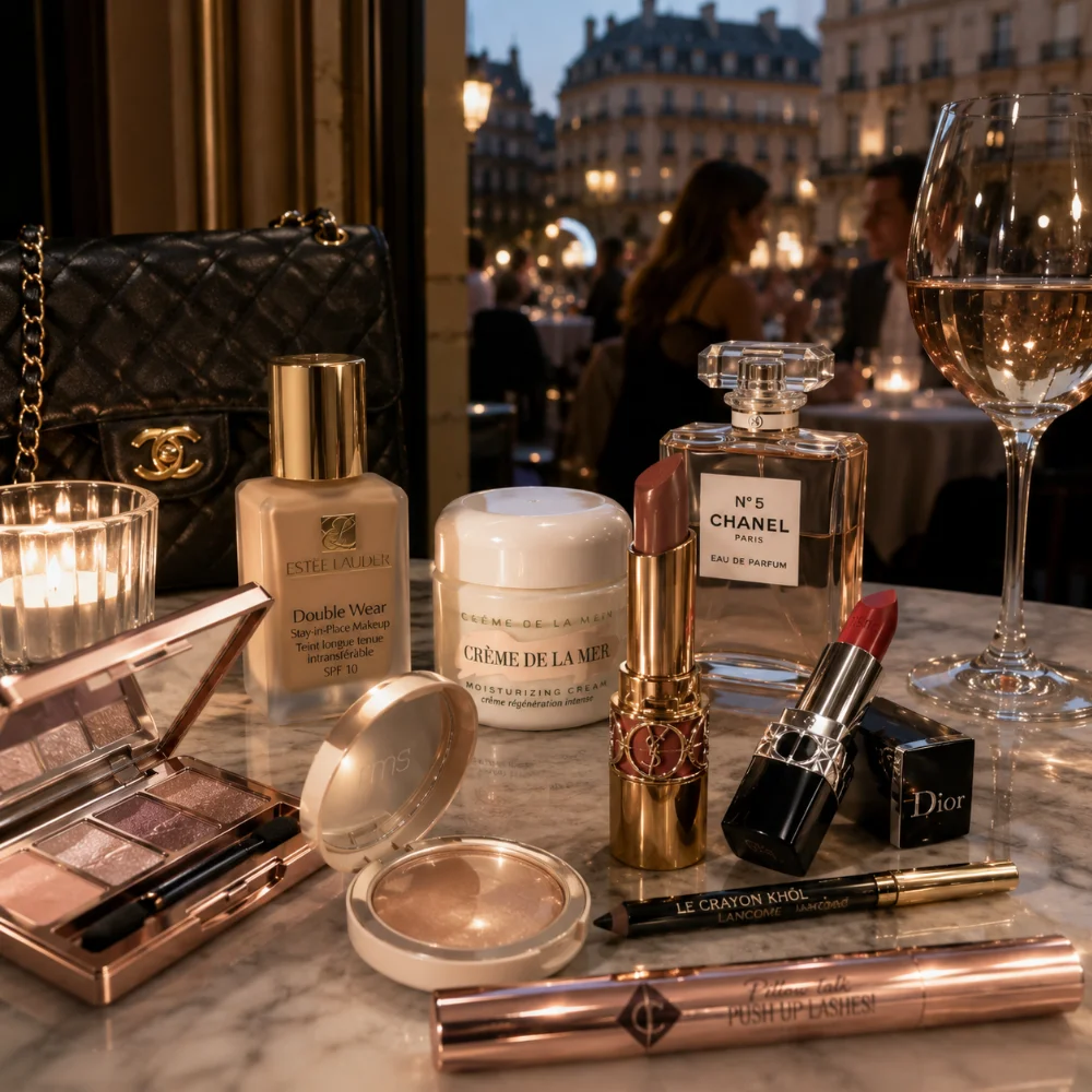 Make-up brushes, lipstick and perfume on a dressing table