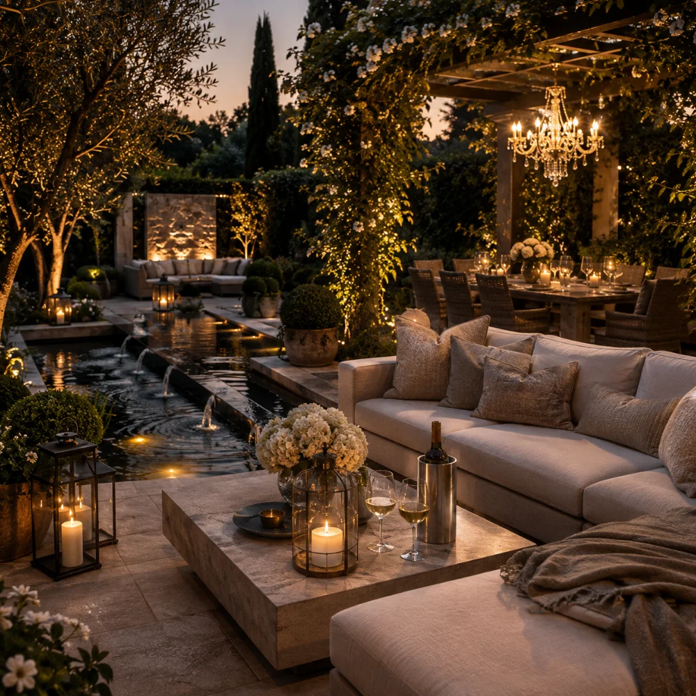 A garden seating area with cream cushions, lanterns and warm string lights