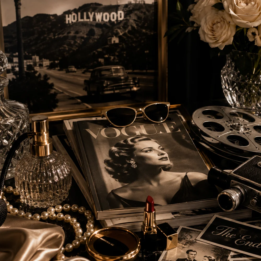 A Hollywood-themed arrangement of jewellery, perfume and film memorabilia