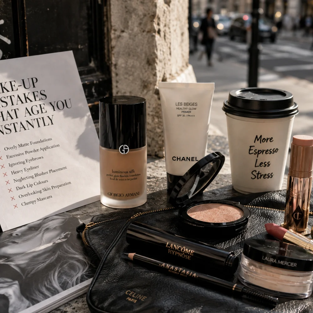 Face make-up products, brushes and a checklist arranged on a table