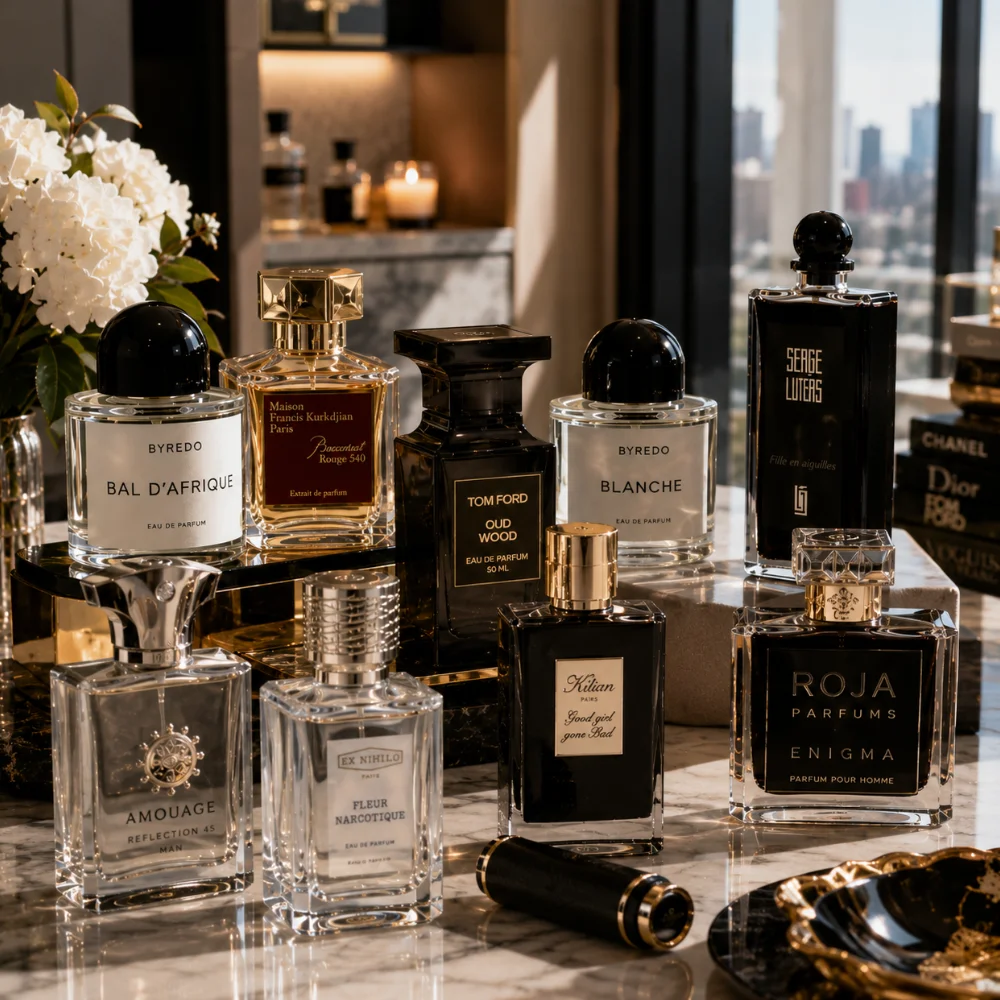 Niche perfume bottles displayed on a marble dressing table