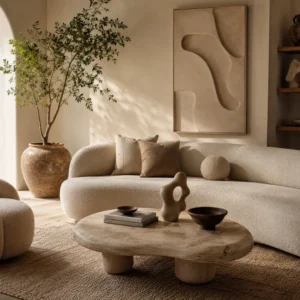 A neutral living room with curved furniture and organic abstract wall art
