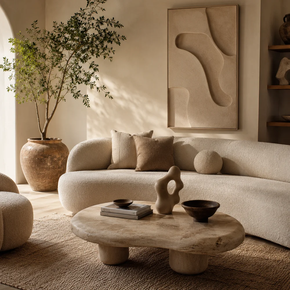 A neutral living room with curved furniture and organic abstract wall art