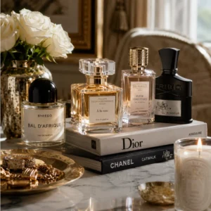Fine perfume bottles displayed on fashion books beside flowers