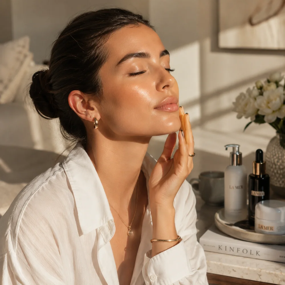 A woman touching her face after applying make-up for a natural glow