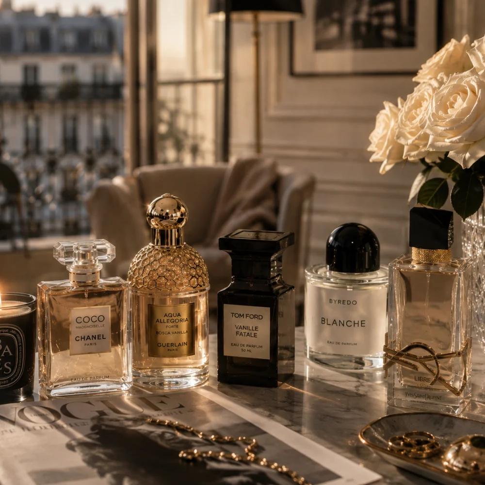 Perfume bottles on a dressing table beside flowers