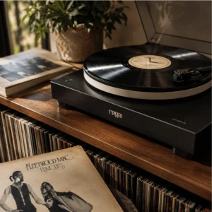 A vinyl record playing on a turntable above shelves of albums