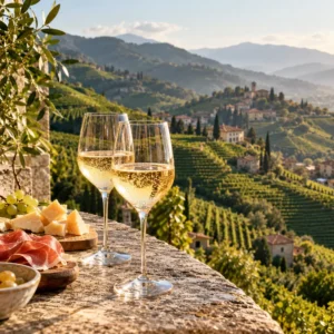 Two glasses of golden Cartizze Prosecco with Italian cheeses and prosciutto overlooking the sunlit vineyard hills of Valdobbiadene, Italy.