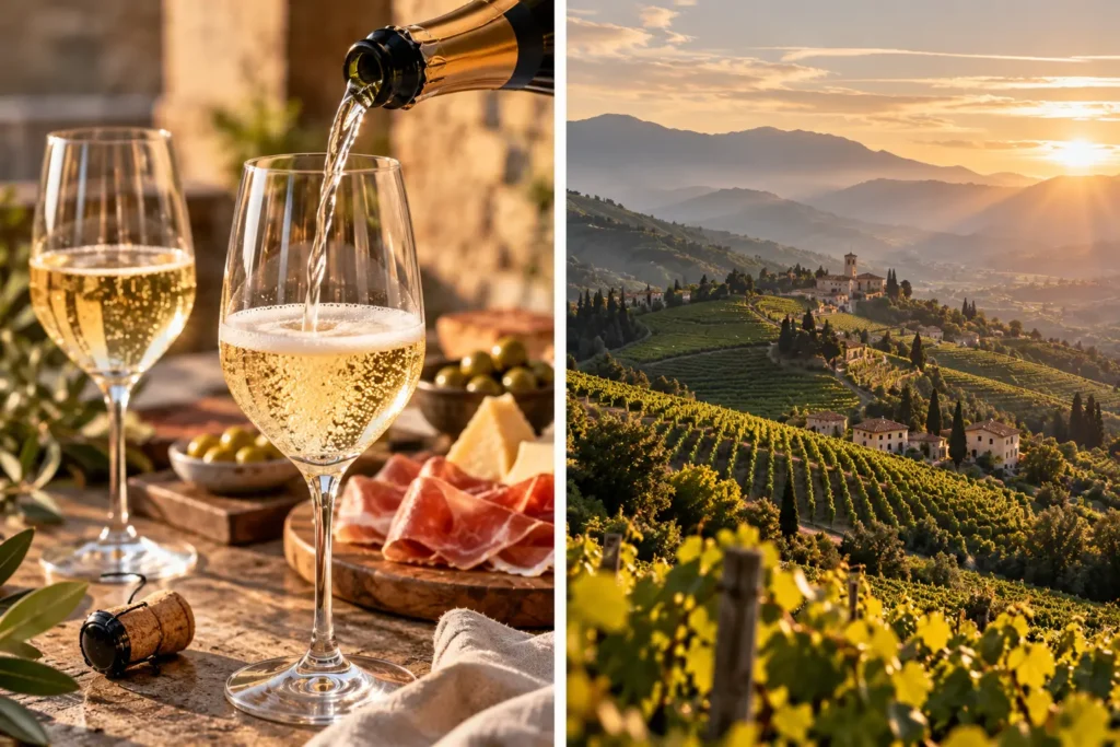Sparkling wine poured beside glasses and antipasti, paired with sunlit terraced vineyards in Valdobbiadene