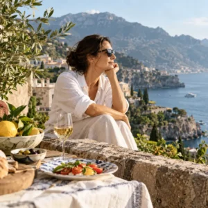 A woman in sunglasses relaxing on a sunny terrace overlooking a coastal village and the sea