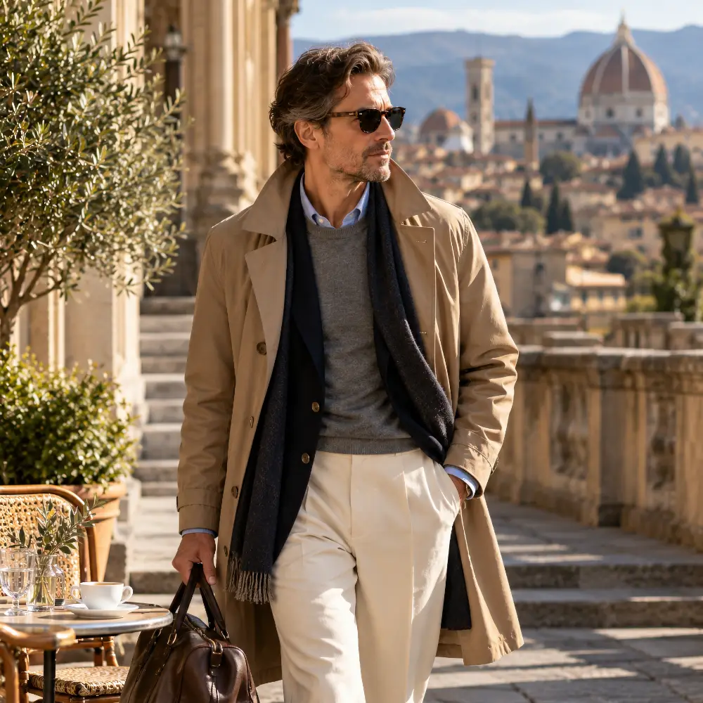 Man in Florence wearing a lightweight trench coat over layered knitwear, a scarf and trousers