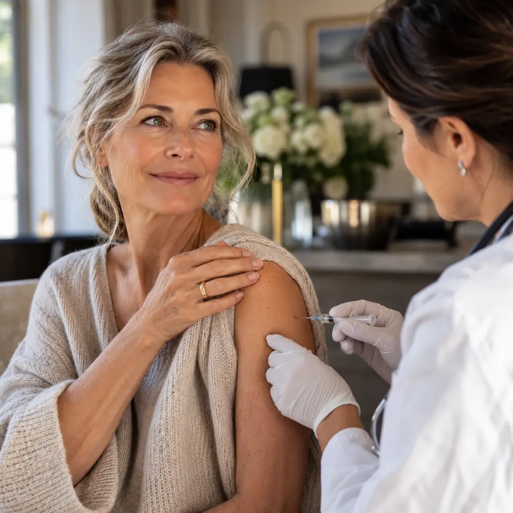 Mature woman receiving a shingles vaccination from a healthcare professional, highlighting research into the possible link between shingles vaccination and dementia risk.