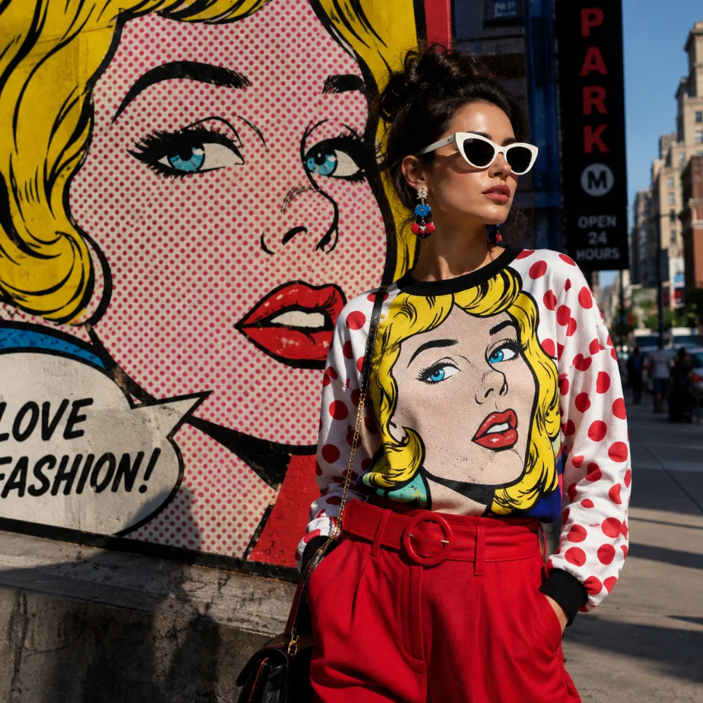 A woman wearing a pop art print top beside a comic-style mural